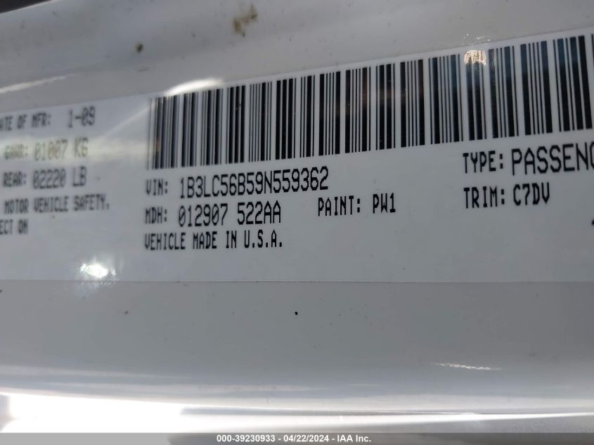 2009 Dodge Avenger Sxt VIN: 1B3LC56B59N559362 Lot: 39230933