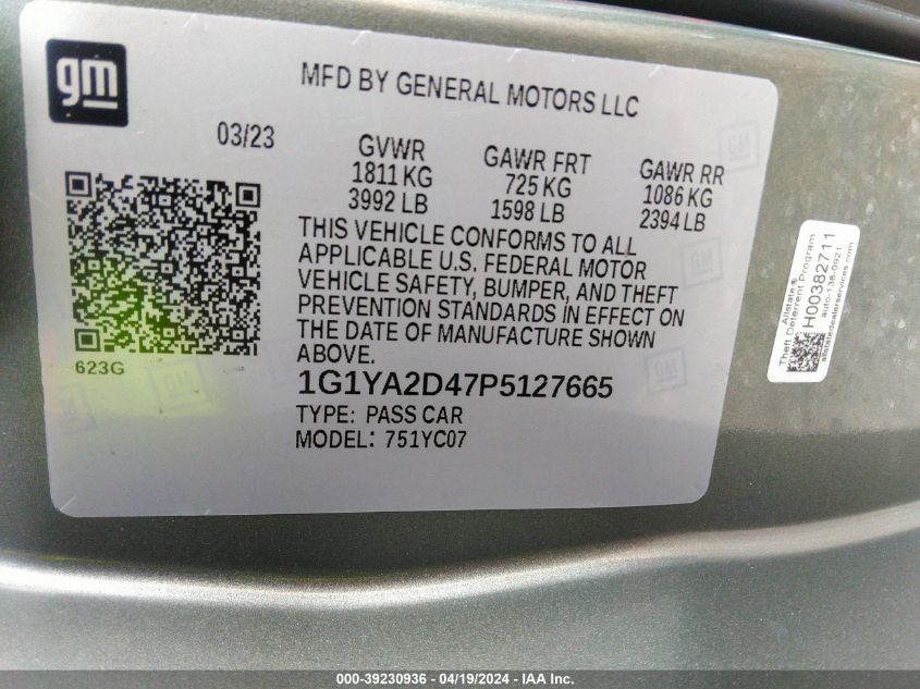 2023 Chevrolet Corvette Stingray Rwd 1Lt VIN: 1G1YA2D47P5127665 Lot: 39230936