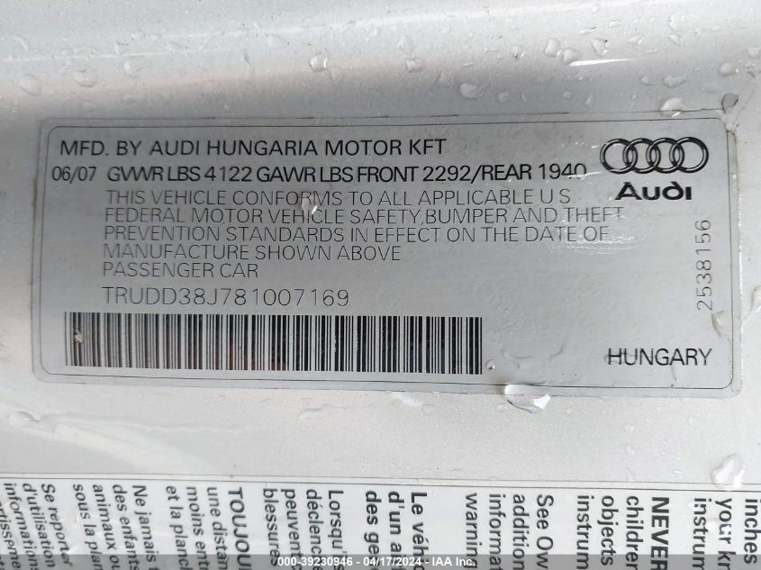 2008 Audi Tt 3.2 VIN: TRUDD38J781007169 Lot: 30036383
