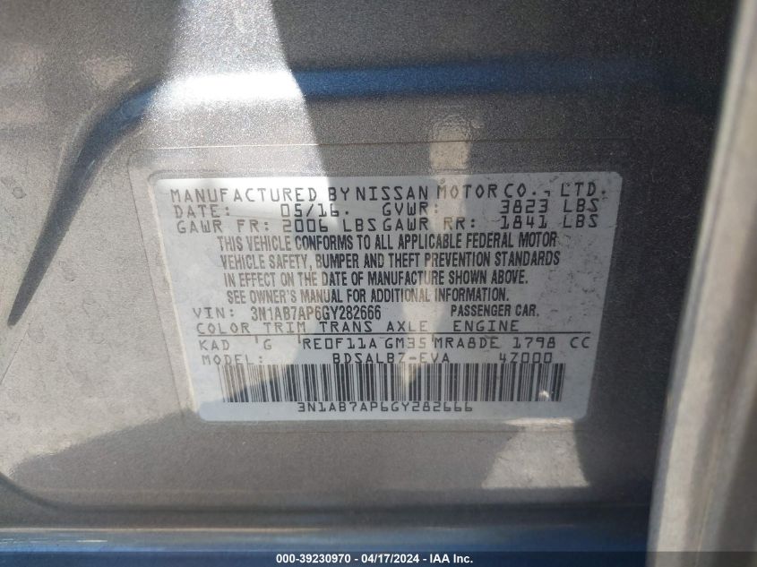 2016 Nissan Sentra S VIN: 3N1AB7AP6GY282666 Lot: 39230970