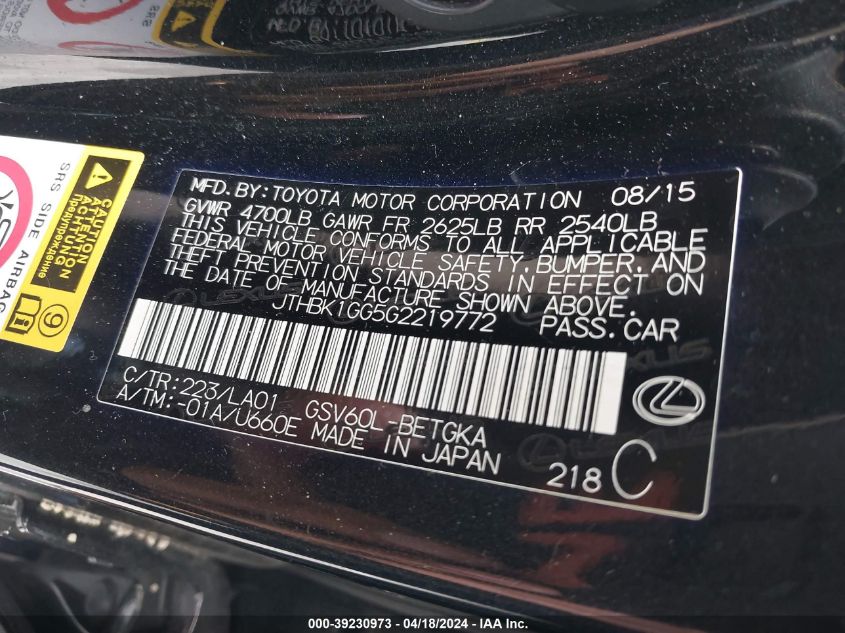 2016 Lexus Es 350 VIN: JTHBK1GG5G2219772 Lot: 39230973