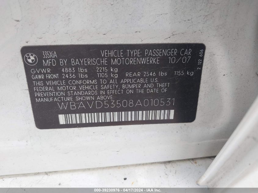 2008 BMW 335Xi VIN: WBAVD53508A010531 Lot: 39230976