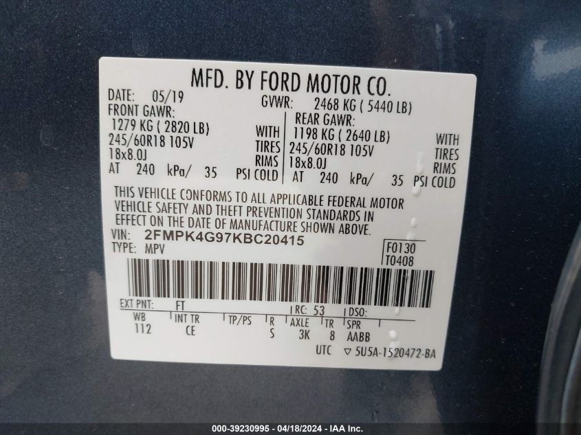 2019 Ford Edge Se VIN: 2FMPK4G97KBC20415 Lot: 39230995