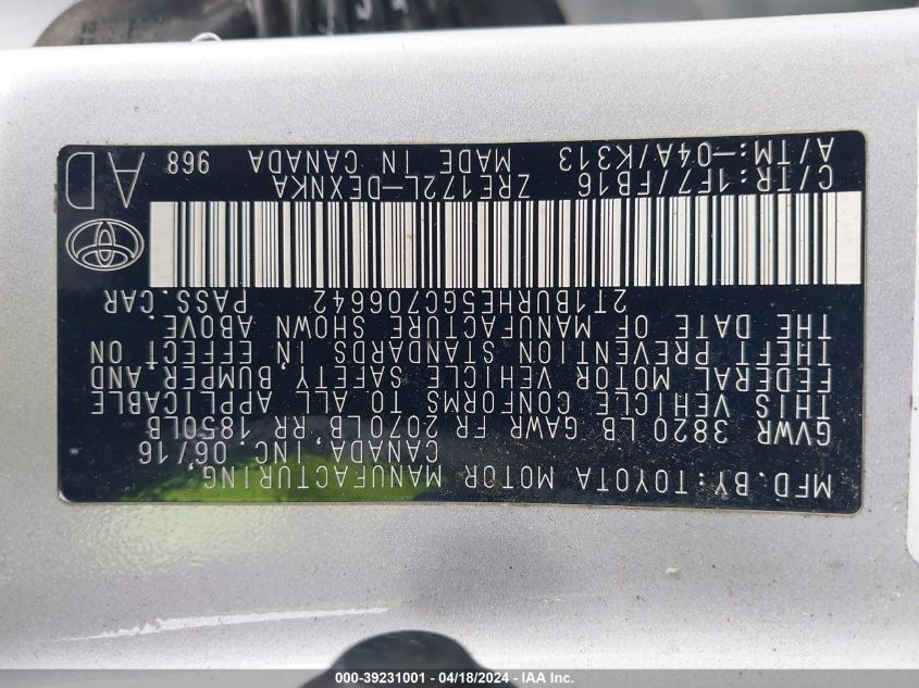 2016 Toyota Corolla Le VIN: 2T1BURHE5GC706642 Lot: 39231001