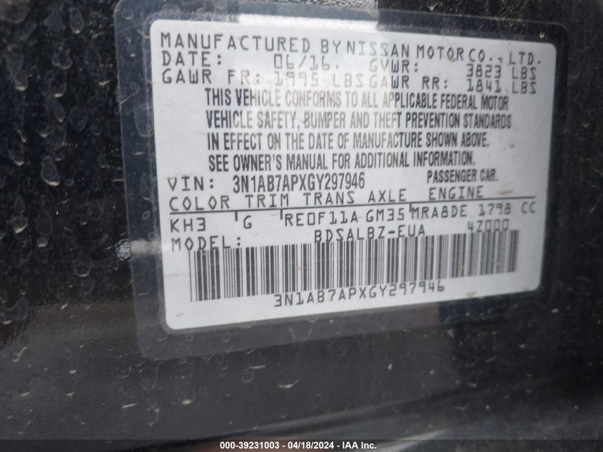 2016 Nissan Sentra S VIN: 3N1AB7APXGY297946 Lot: 48787824