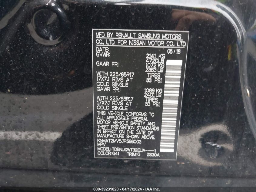 2018 Nissan Rogue Sv VIN: KNMAT2MV5JP596003 Lot: 20154240