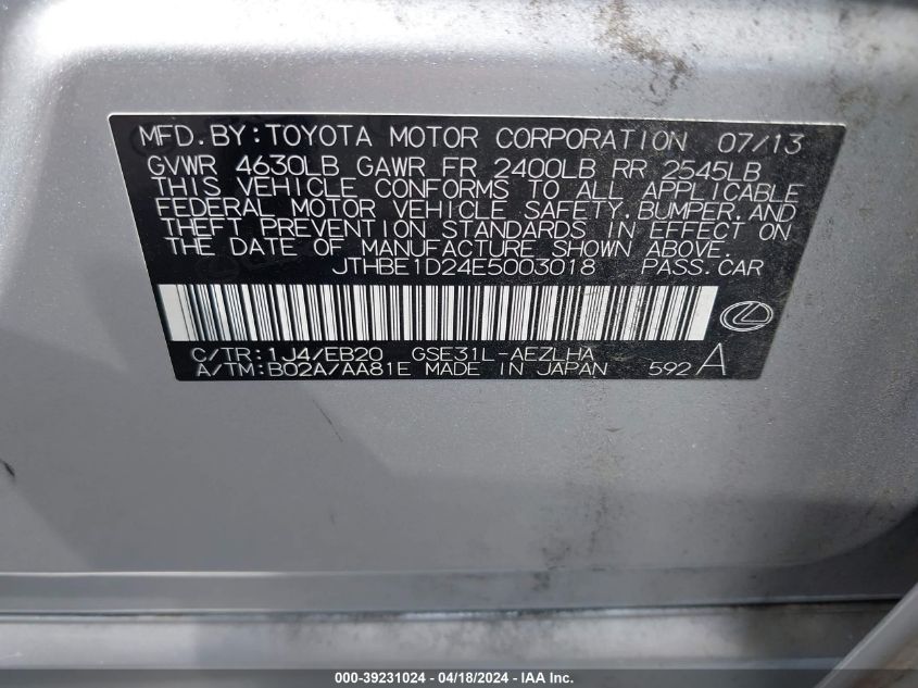 2014 Lexus Is 350 VIN: JTHBE1D24E5003018 Lot: 39231024