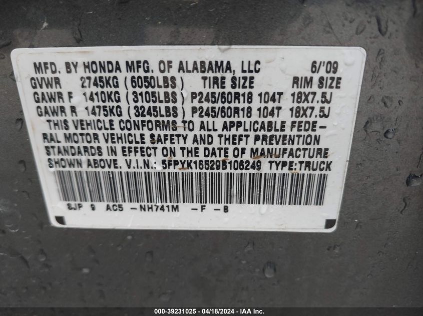 2009 Honda Ridgeline Rtl VIN: 5FPYK16529B106249 Lot: 39231025