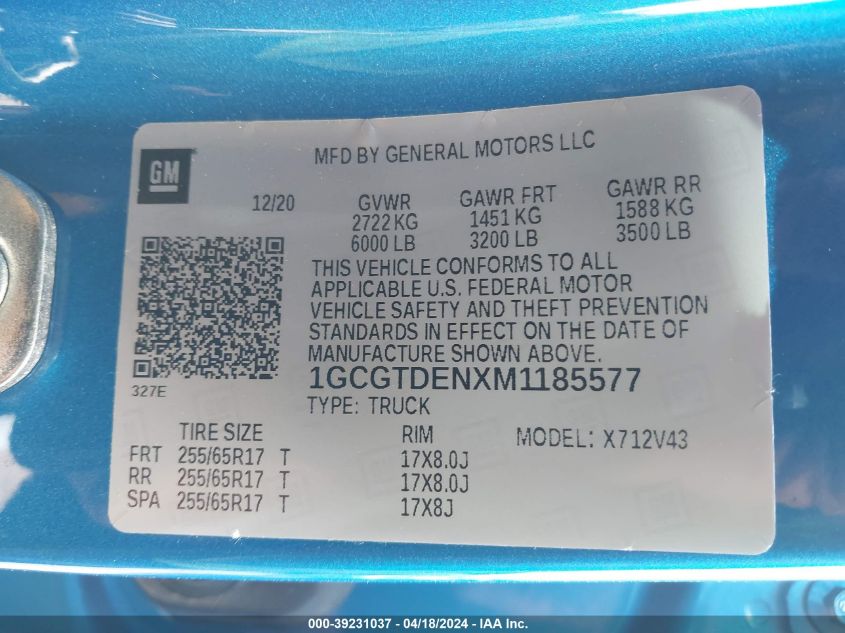 2021 Chevrolet Colorado 4Wd Long Box Z71 VIN: 1GCGTDENXM1185577 Lot: 39231037