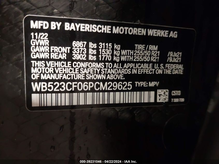 2023 BMW Ix xDrive50 VIN: WB523CF06PCM29625 Lot: 39231046