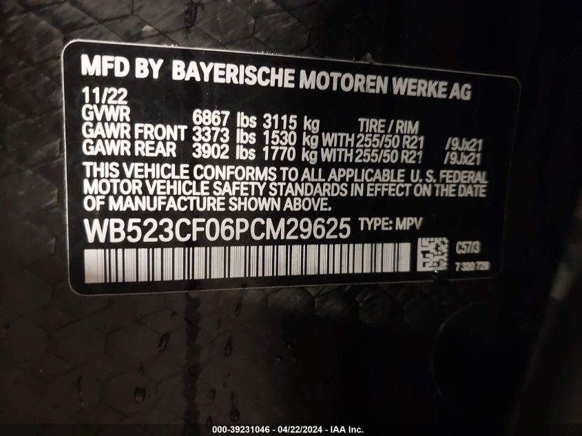 2023 BMW Ix xDrive50 VIN: WB523CF06PCM29625 Lot: 50698554