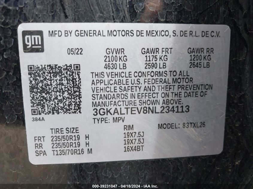 2022 GMC Terrain Awd Sle VIN: 3GKALTEV8NL234113 Lot: 39231047