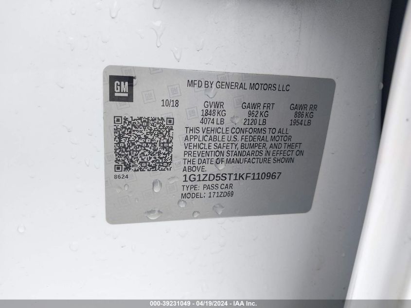 2019 Chevrolet Malibu Lt VIN: 1G1ZD5ST1KF110967 Lot: 39231049