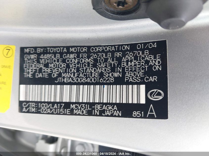 2004 Lexus Es 330 VIN: JTHBA30G840016228 Lot: 39231060