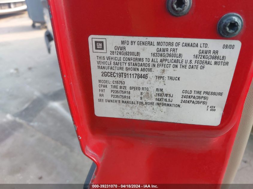 2001 Chevrolet Silverado 1500 Ls VIN: 2GCEC19T911178446 Lot: 46585774