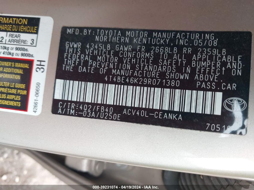 2009 Toyota Camry Le VIN: 4T4BE46K29R071380 Lot: 39231074