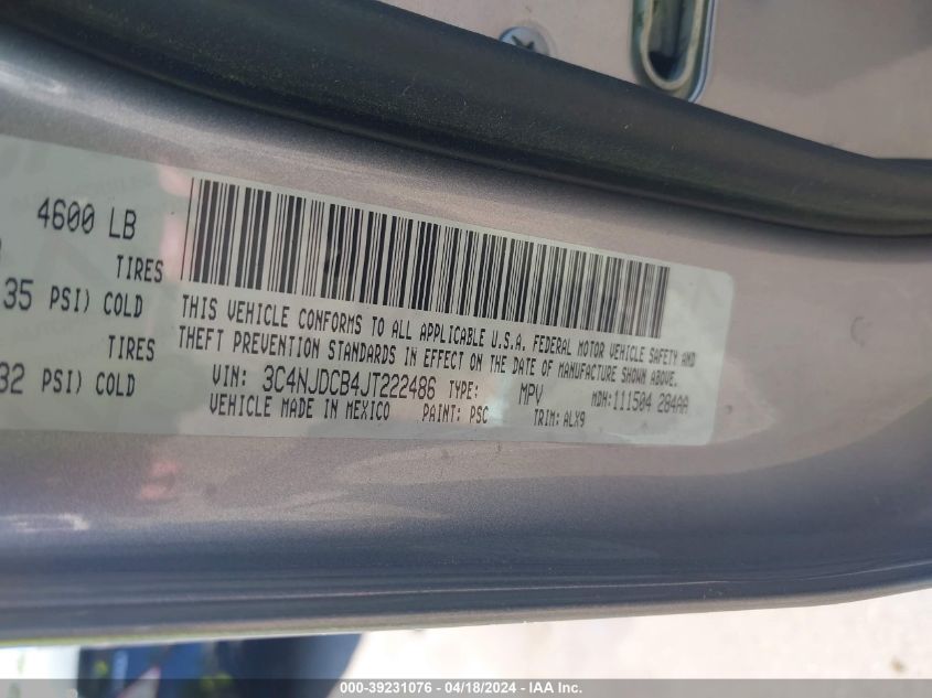 2018 Jeep Compass Limited 4X4 VIN: 3C4NJDCB4JT222486 Lot: 39231076
