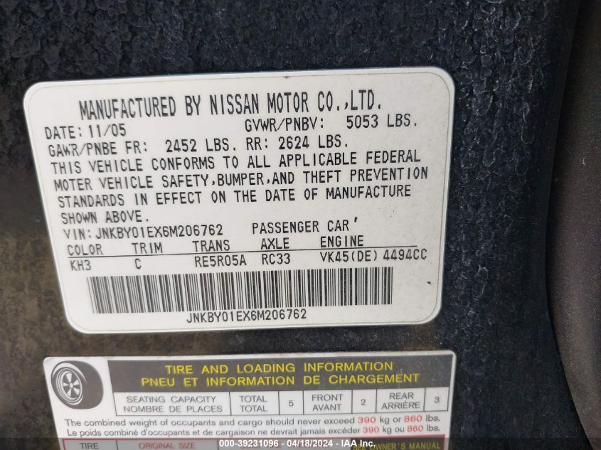 2006 Infiniti M45 VIN: JNKBY01EX6M206762 Lot: 39231096