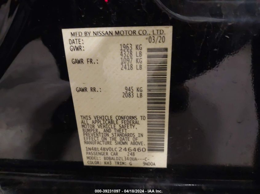 2020 Nissan Altima S Fwd VIN: 1N4BL4BV0LC246460 Lot: 39231097