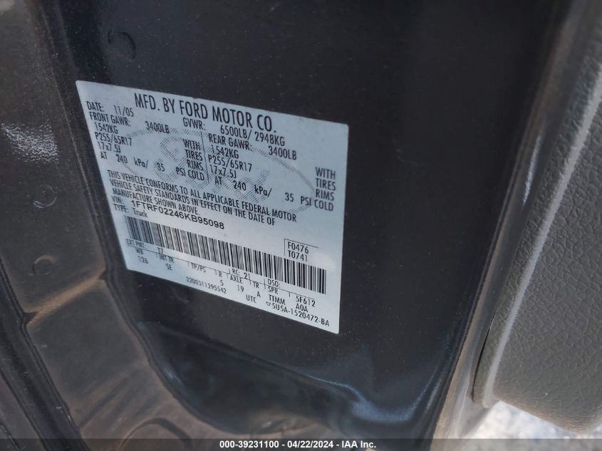 2006 Ford F-150 Stx/Xlt VIN: 1FTRF02246KB95098 Lot: 39231100