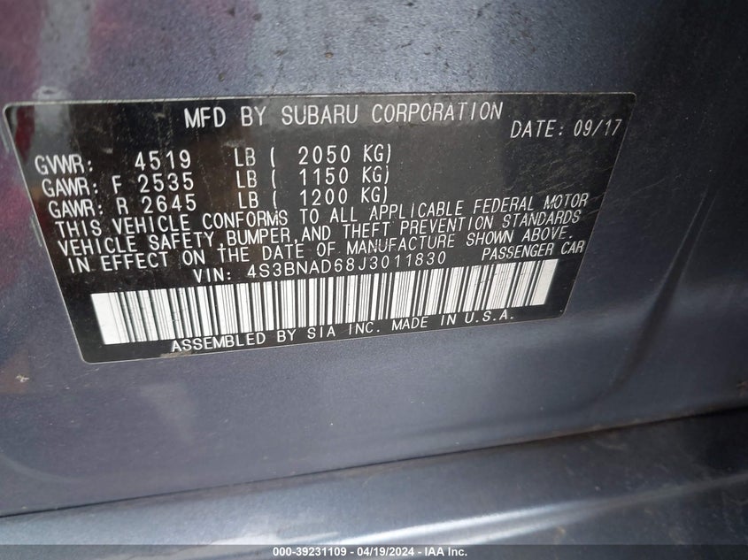 VIN 4S3BNAD68J3011830 2018 SUBARU LEGACY 2.5I PREMIUM