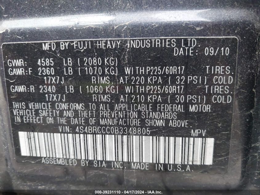 2011 Subaru Outback 2.5I Premium VIN: 4S4BRCCC0B3348805 Lot: 50585254