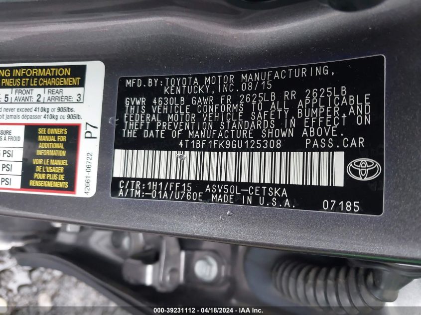 2016 Toyota Camry Se VIN: 4T1BF1FK9GU125308 Lot: 39231112