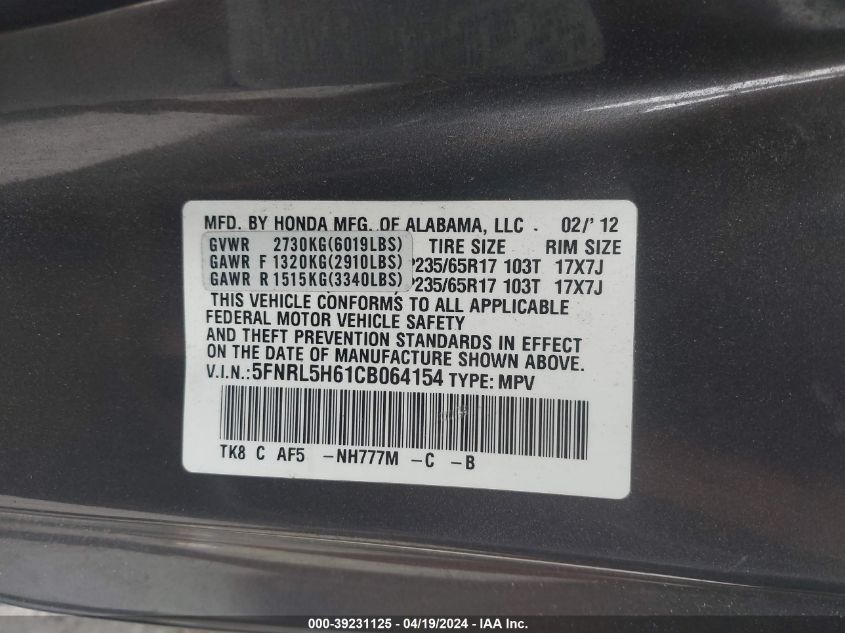 2012 Honda Odyssey Ex-L VIN: 5FNRL5H61CB064154 Lot: 39231125