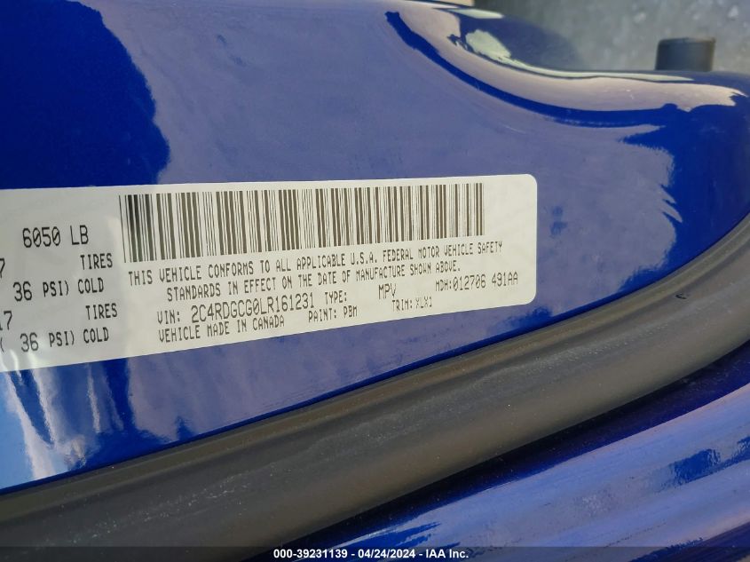 2020 Dodge Grand Caravan Sxt VIN: 2C4RDGCG0LR161231 Lot: 39231139