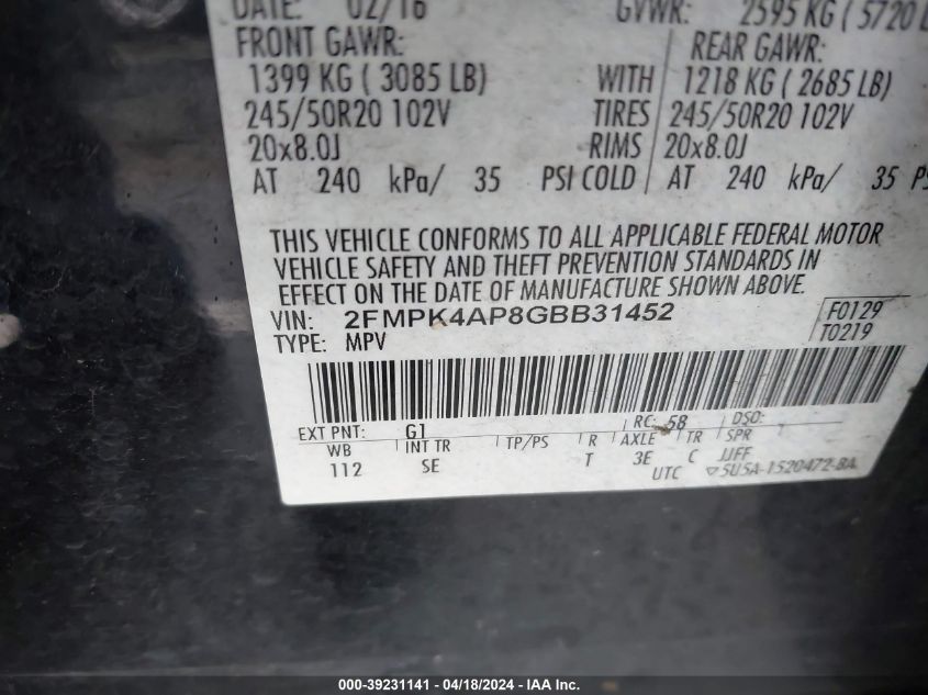 2016 Ford Edge Sport VIN: 2FMPK4AP8GBB31452 Lot: 48662474