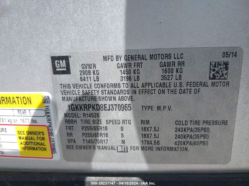 2014 GMC Acadia Sle-2 VIN: 1GKKRPKD8EJ370965 Lot: 39231147