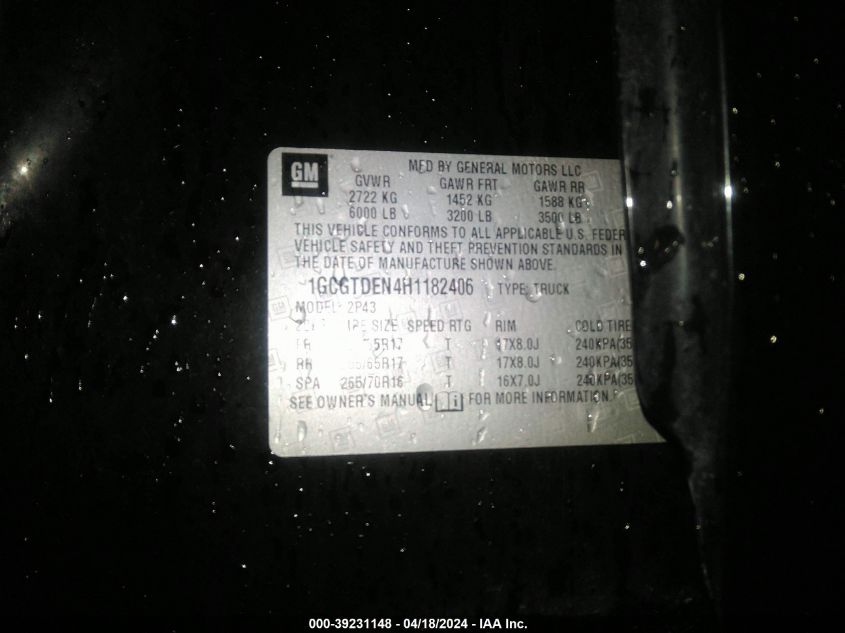 2017 Chevrolet Colorado Z71 VIN: 1GCGTDEN4H1182406 Lot: 39231148