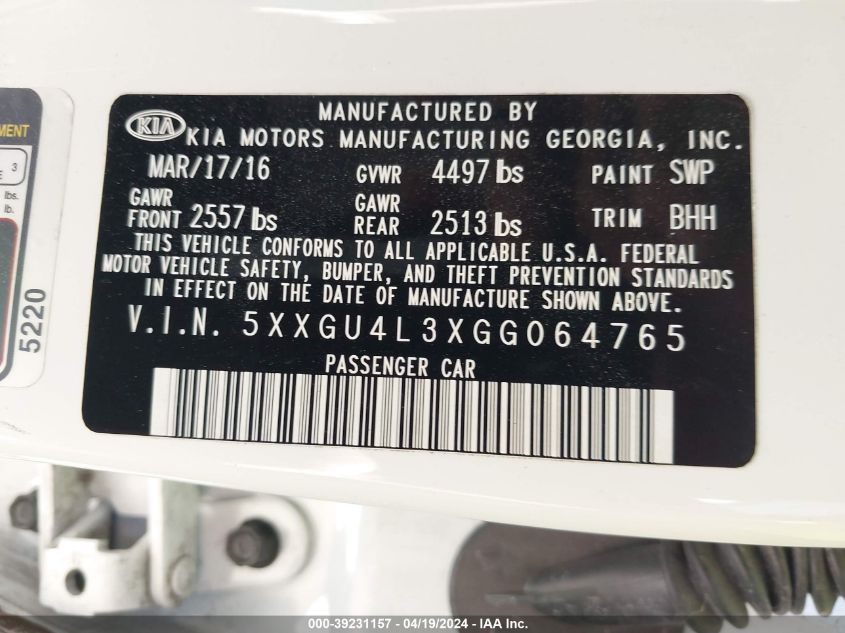 2016 Kia Optima Ex VIN: 5XXGU4L3XGG064765 Lot: 39231157