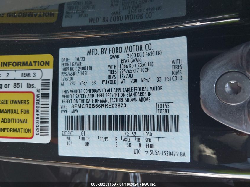 2024 Ford Bronco Sport Big Bend VIN: 3FMCR9B66RRE03823 Lot: 39231159