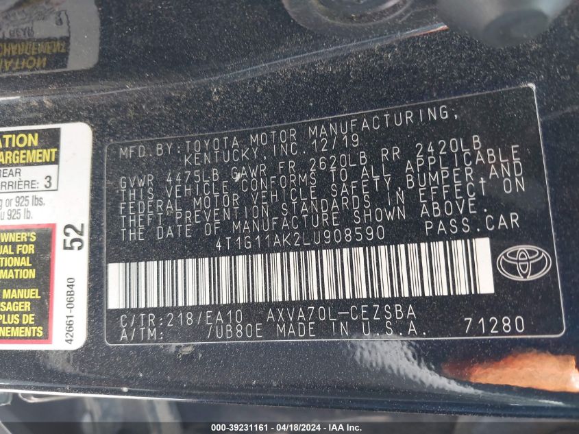 2020 Toyota Camry Se VIN: 4T1G11AK2LU908590 Lot: 39231161