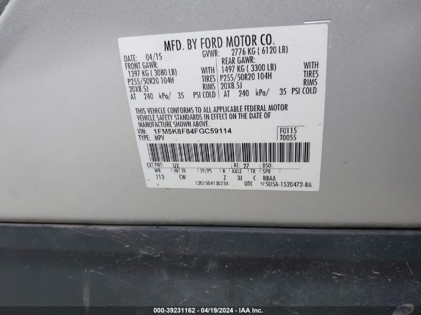 2015 Ford Explorer Limited VIN: 1FM5K8F84FGC59114 Lot: 39231162