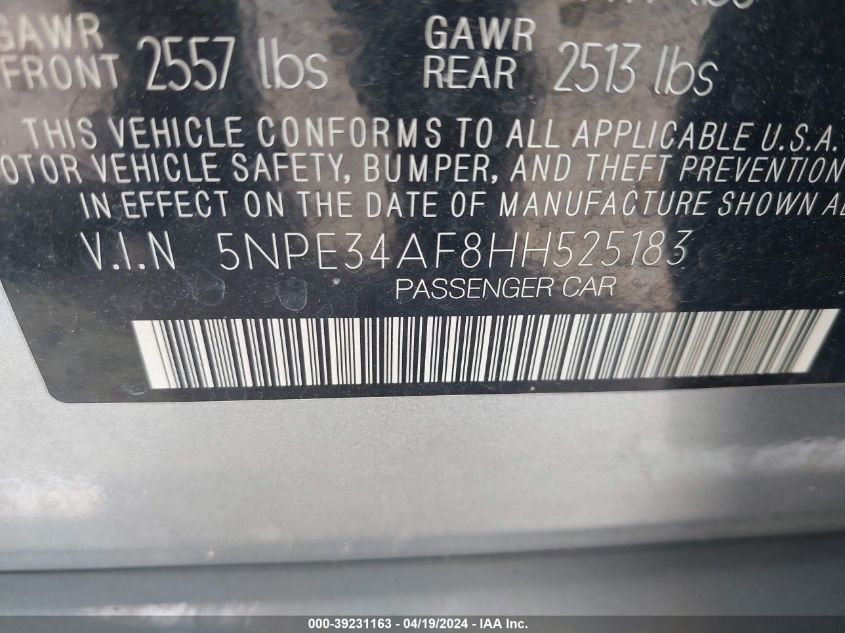 2017 Hyundai Sonata Sport VIN: 5NPE34AF8HH525183 Lot: 39231163