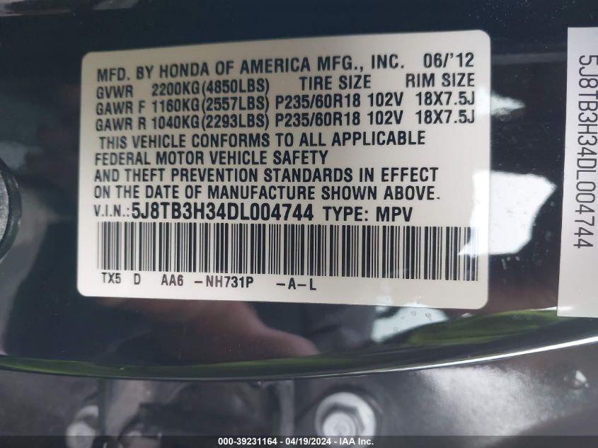 2013 Acura Rdx VIN: 5J8TB3H34DL004744 Lot: 39231164