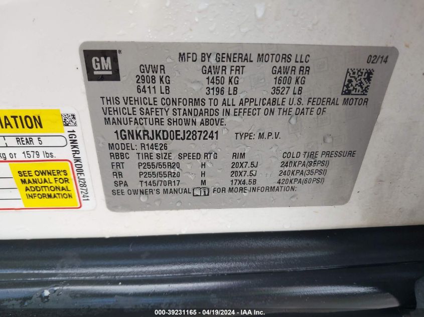 2014 Chevrolet Traverse Ltz VIN: 1GNKRJKD0EJ287241 Lot: 39231165