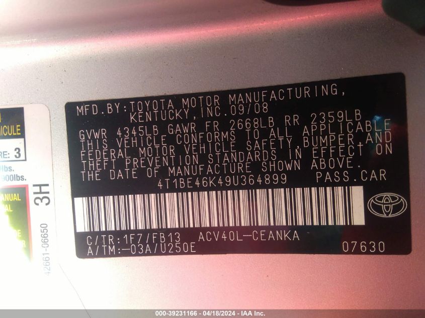 2009 Toyota Camry Le VIN: 4T1BE46K49U364899 Lot: 48698464