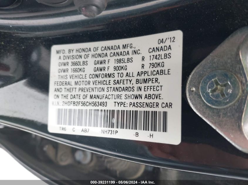 2012 Honda Civic Lx VIN: 2HGFB2F56CH563493 Lot: 39231199