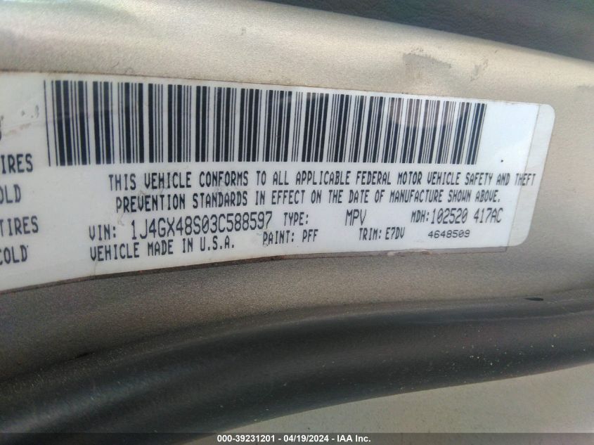 2003 Jeep Grand Cherokee Laredo VIN: 1J4GX48S03C588597 Lot: 39231201