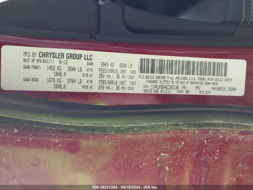 2014 Jeep Grand Cherokee Limited VIN: 1C4RJFBG4EC265186 Lot: 39231204