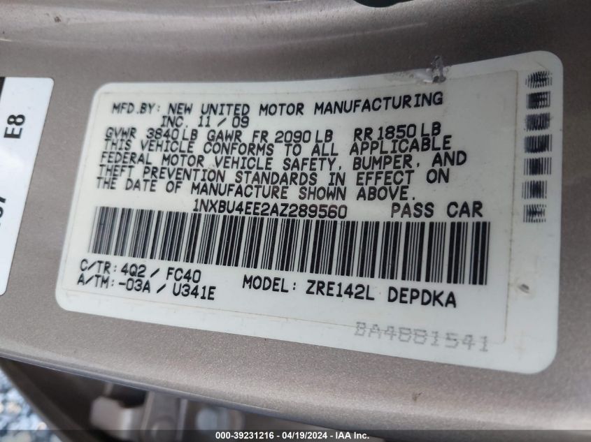 2010 Toyota Corolla Le VIN: 1NXBU4EE2AZ289560 Lot: 39231216