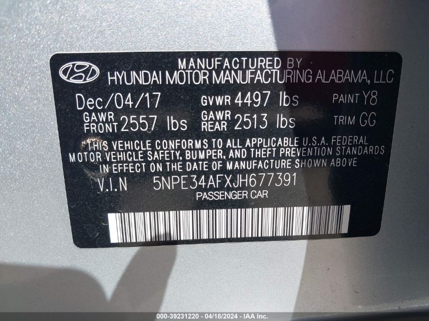 2018 Hyundai Sonata Limited VIN: 5NPE34AFXJH677391 Lot: 39231220