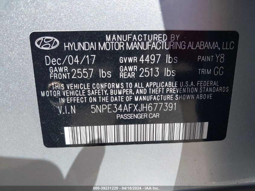 2018 Hyundai Sonata Limited VIN: 5NPE34AFXJH677391 Lot: 39258216