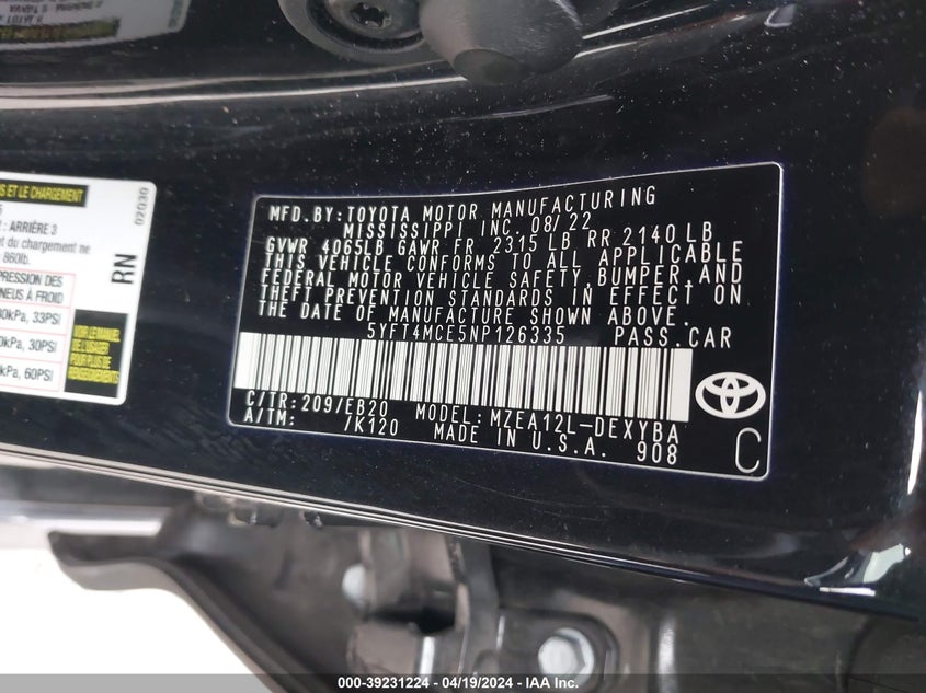 2022 TOYOTA COROLLA 2.0L I-4 DI, DOHC, V(VIN: 5YFT4MCE5NP126335