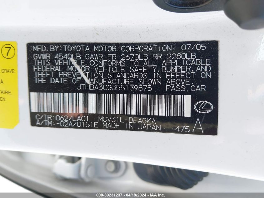 2005 Lexus Es 330 VIN: JTHBA30G355139875 Lot: 39231237