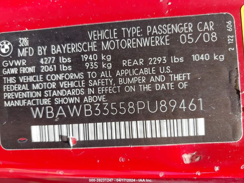 2008 BMW 328I VIN: WBAWB33558PU89461 Lot: 39231247