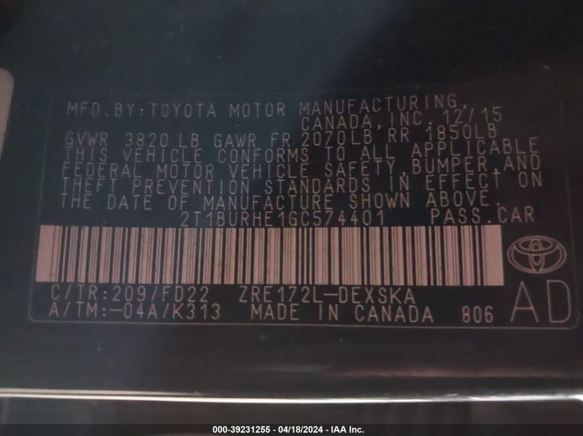 2016 Toyota Corolla S W/Special Edition Pkg VIN: 2T1BURHE1GC574401 Lot: 39231255